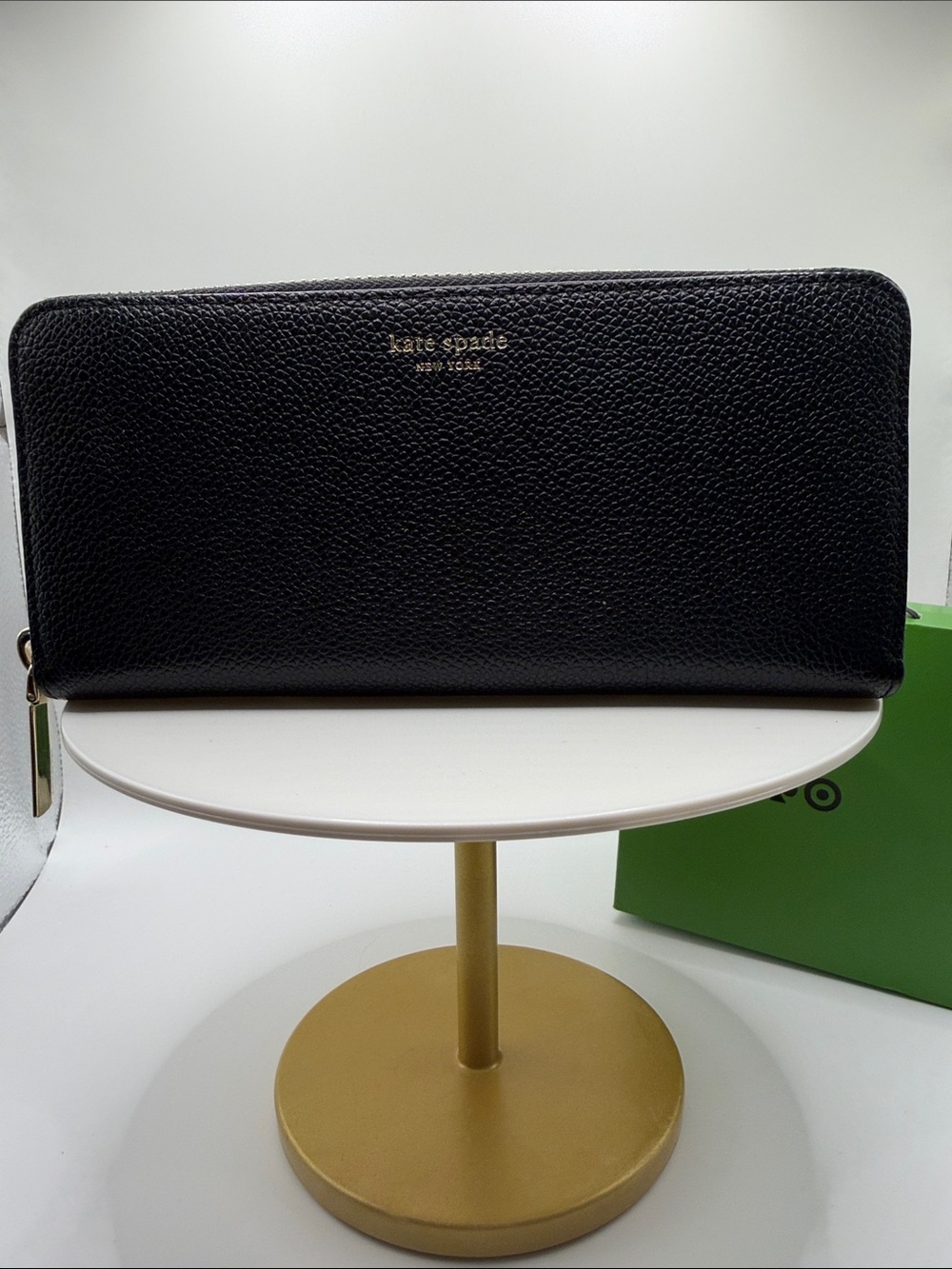kate spade Black Pebbled Leather Zip Wallet with Gold Logo